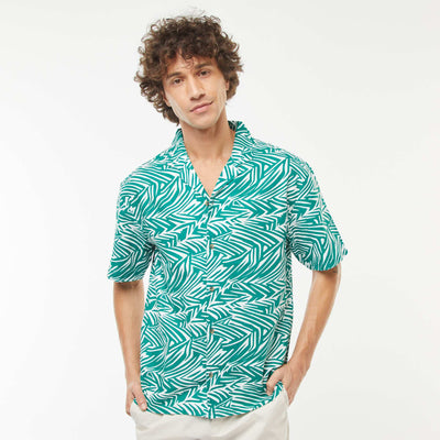 Chemise imprimée manches courtes en lin mélangé VERT