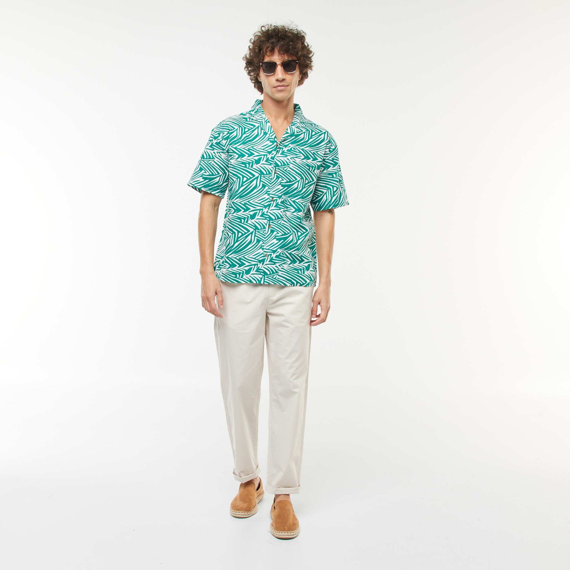 Chemise imprimée manches courtes en lin mélangé VERT