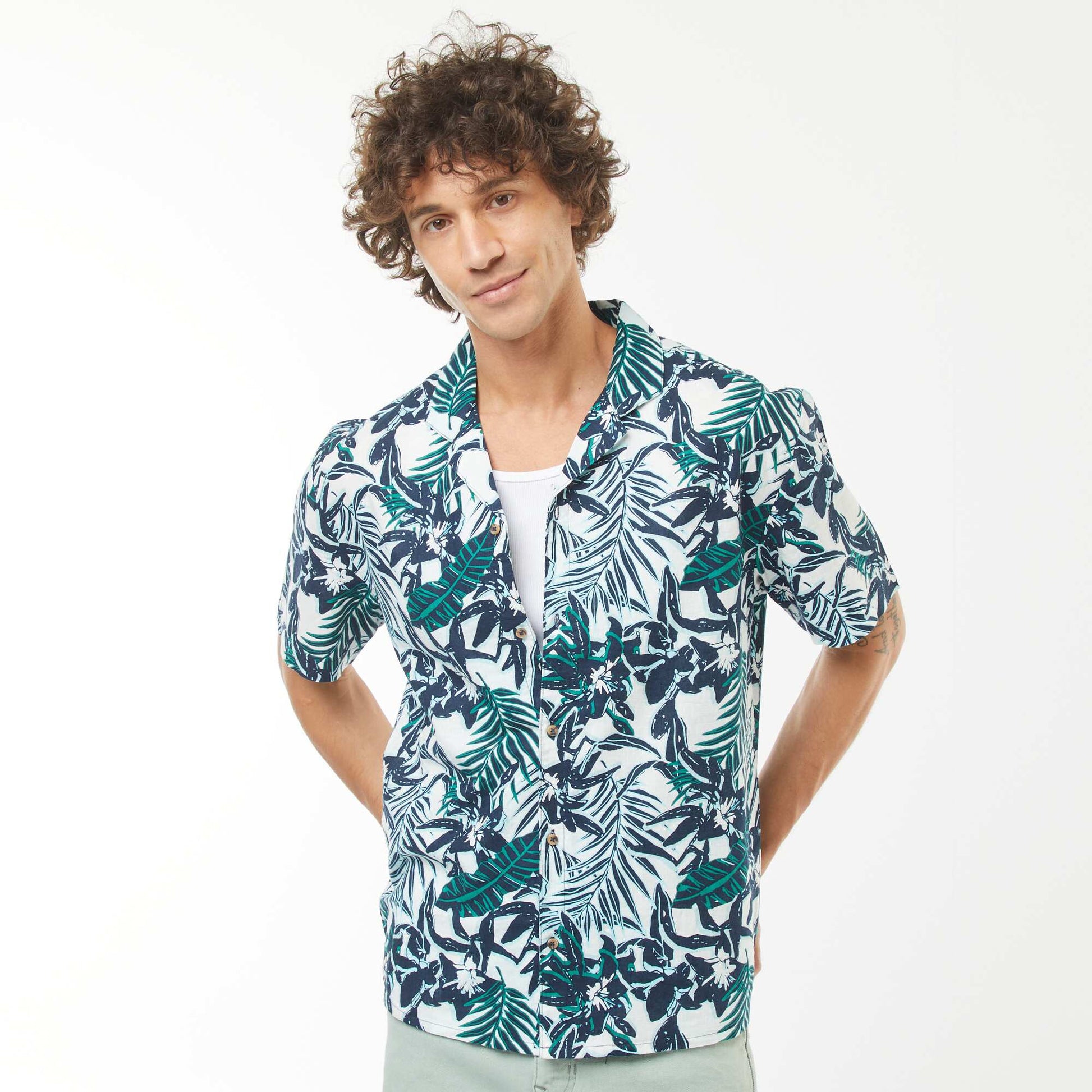 Chemise imprimée manches courtes en lin mélangé BLEU
