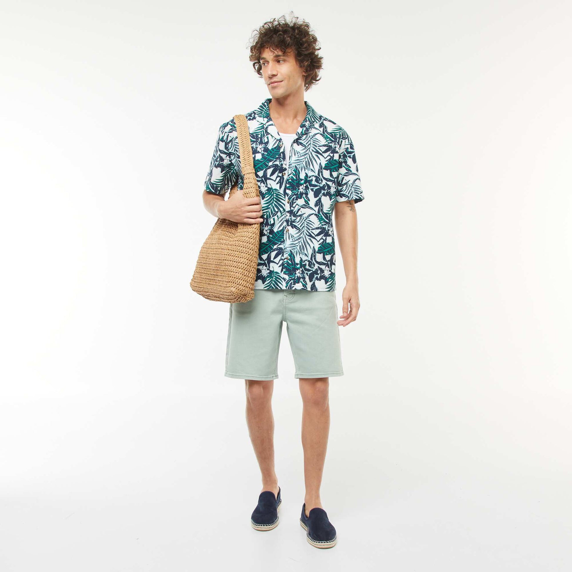 Chemise imprimée manches courtes en lin mélangé BLEU