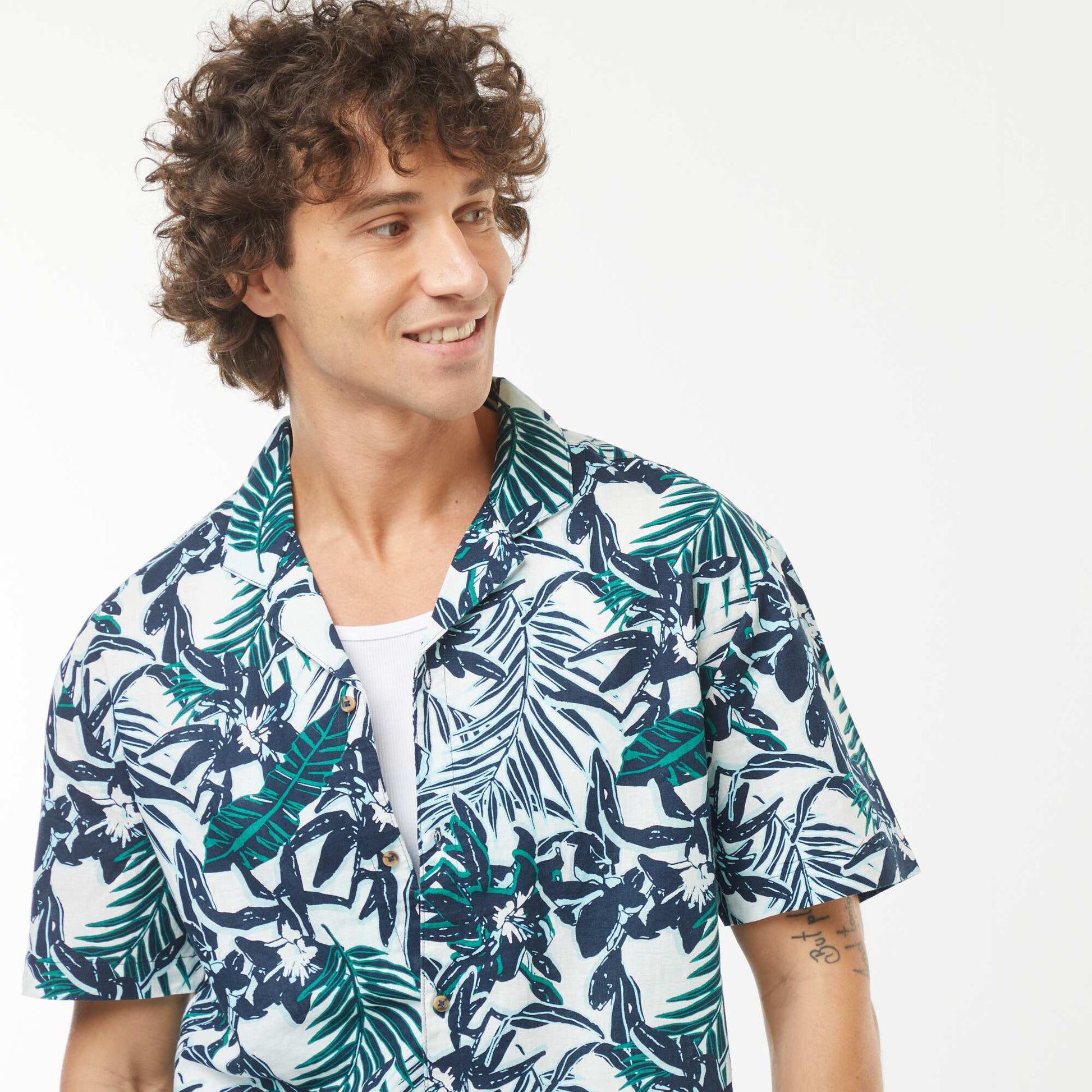 Chemise imprimée manches courtes en lin mélangé BLEU