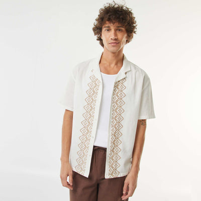 Chemise manches courtes en lin mélangé avec broderies BLANC