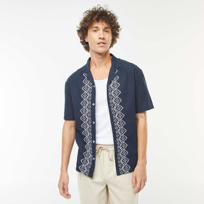 Chemise manches courtes en lin mélangé avec broderies BLEU