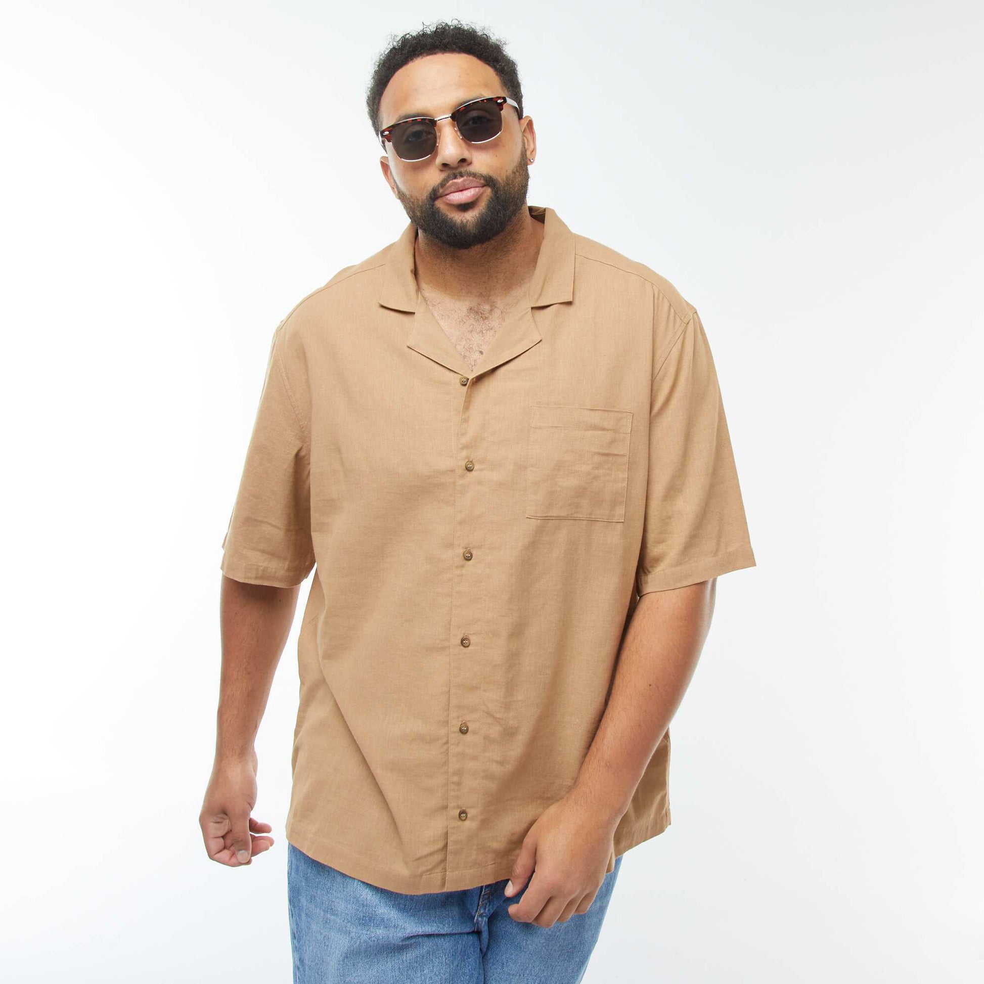 Chemise à manches courtes en lin mélangé BEIGE