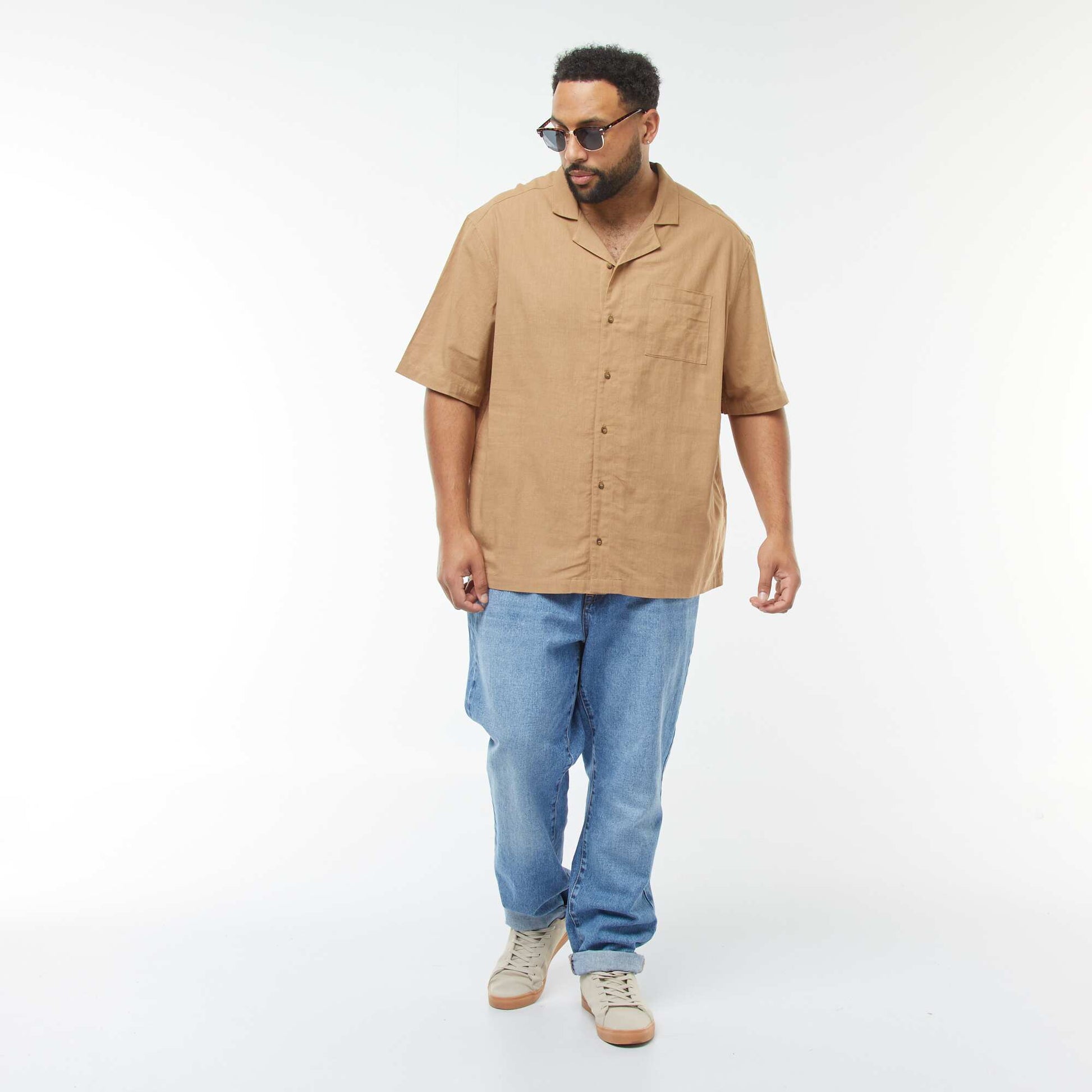 Chemise à manches courtes en lin mélangé BEIGE