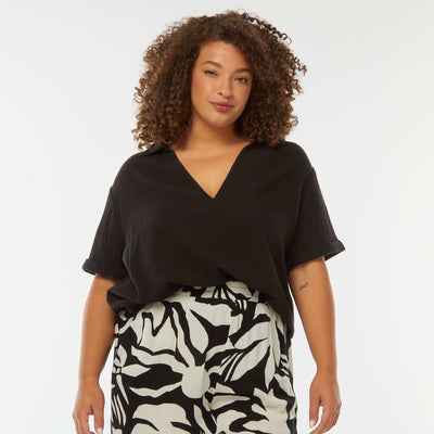 Blouse en gaze de coton avec col polo NOIR