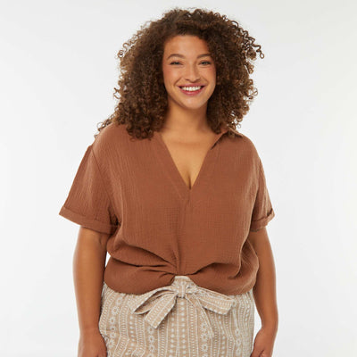 Blouse en gaze de coton avec col polo MARRON