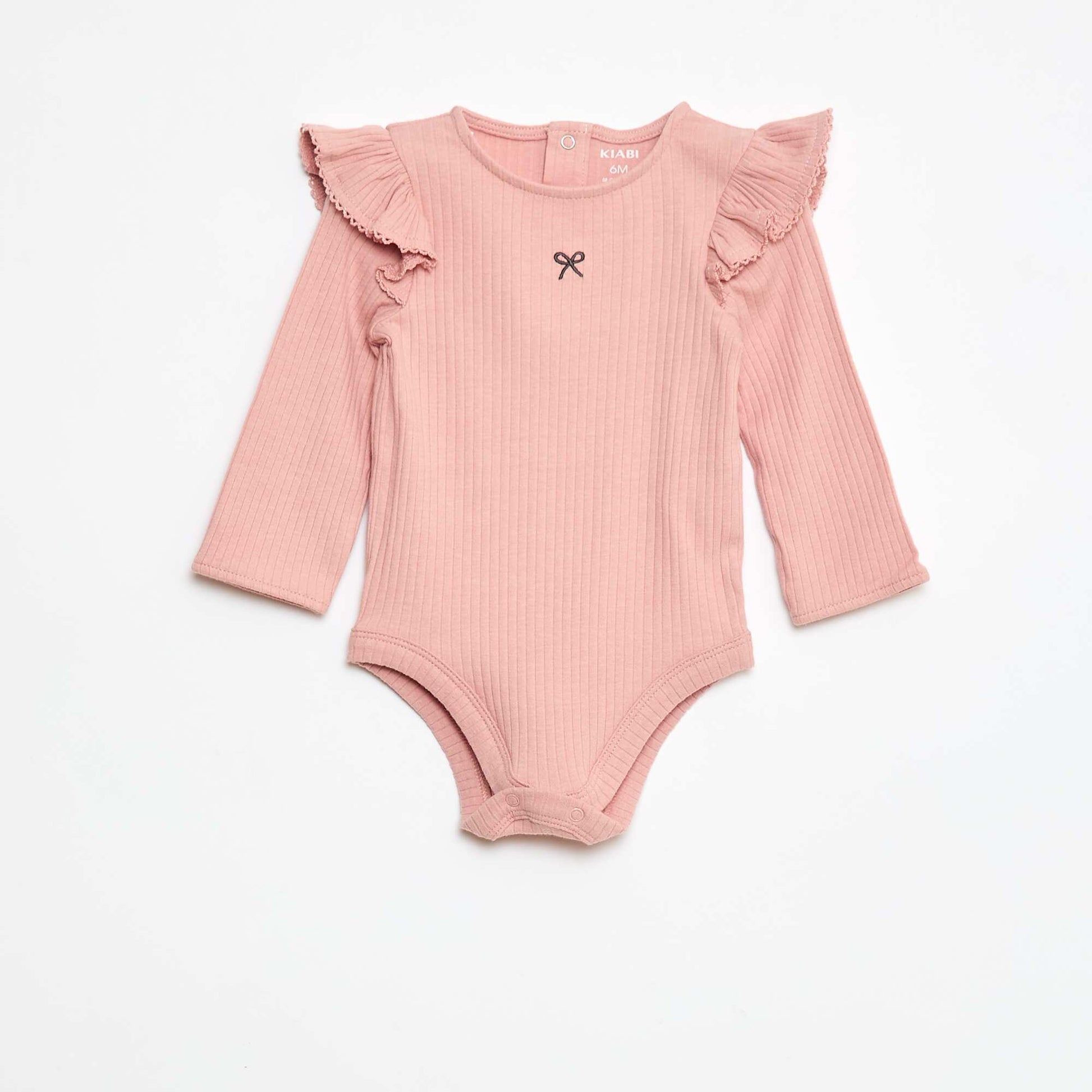 Body côtelé à manches longues volantées aux épaules ROSE