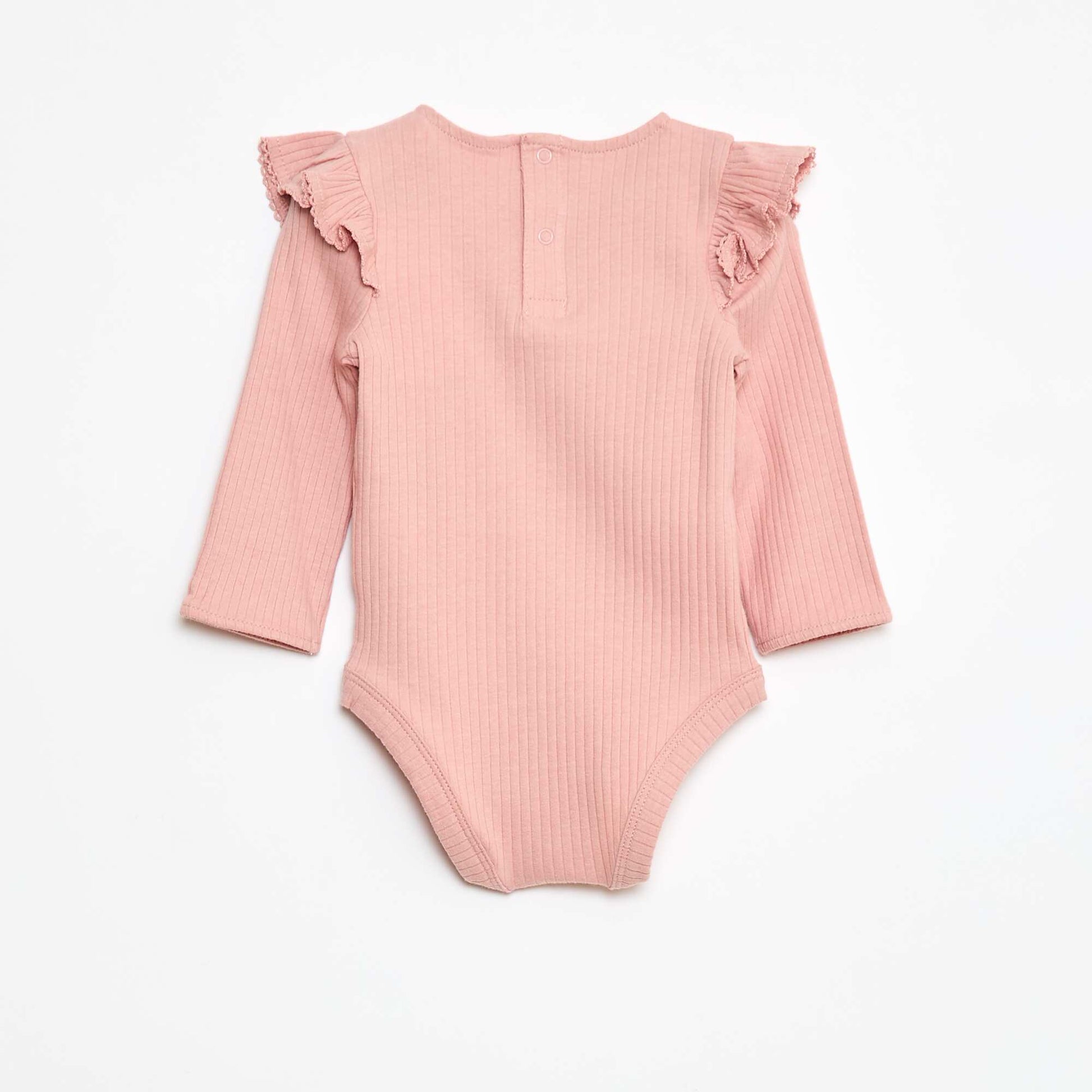 Body côtelé à manches longues volantées aux épaules ROSE