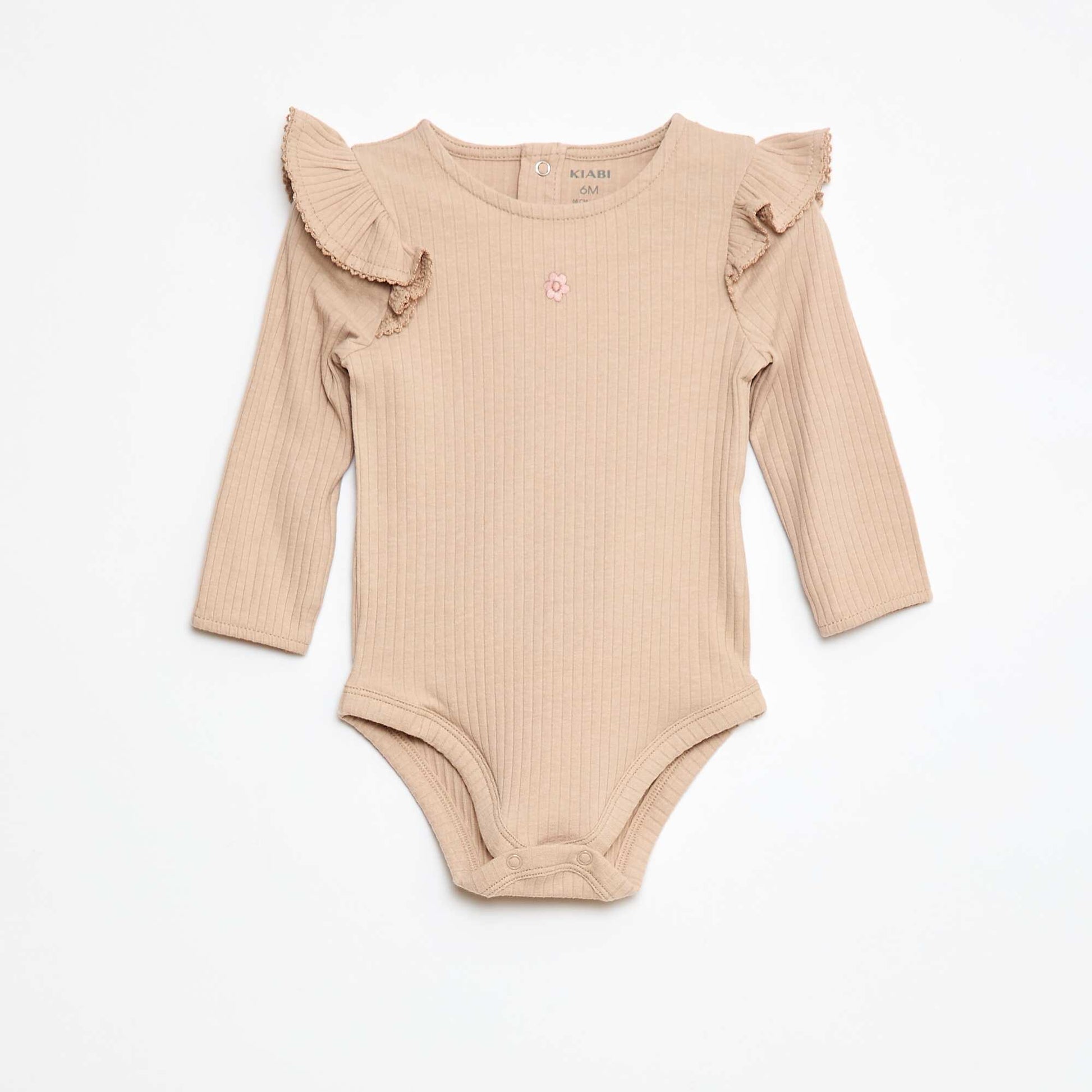 Body côtelé à manches longues volantées aux épaules BEIGE