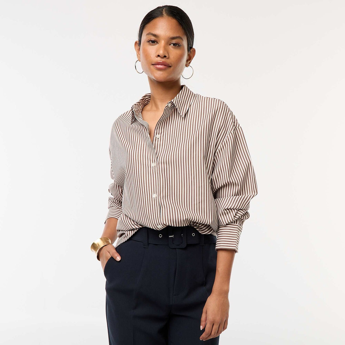 Chemise en popeline rayée MARRON
