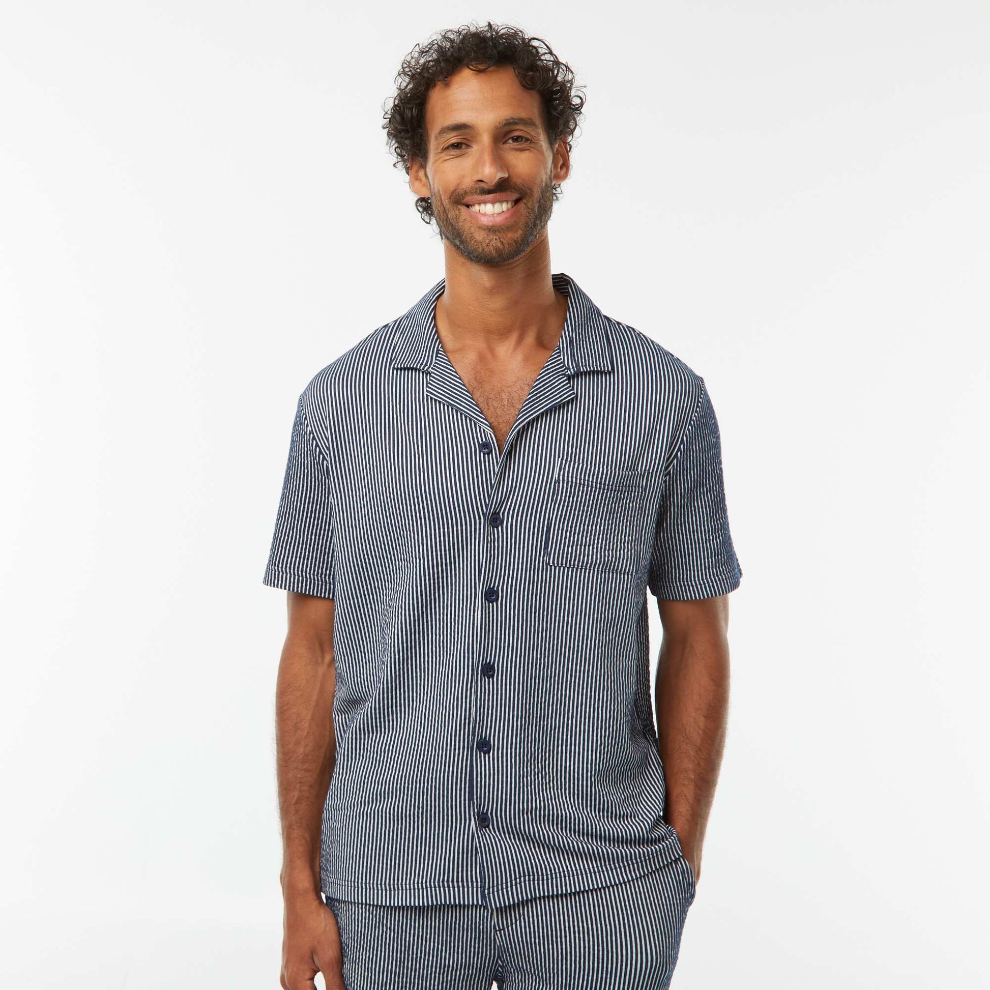 Chemise à manches courtes en matière type crépon BLEU