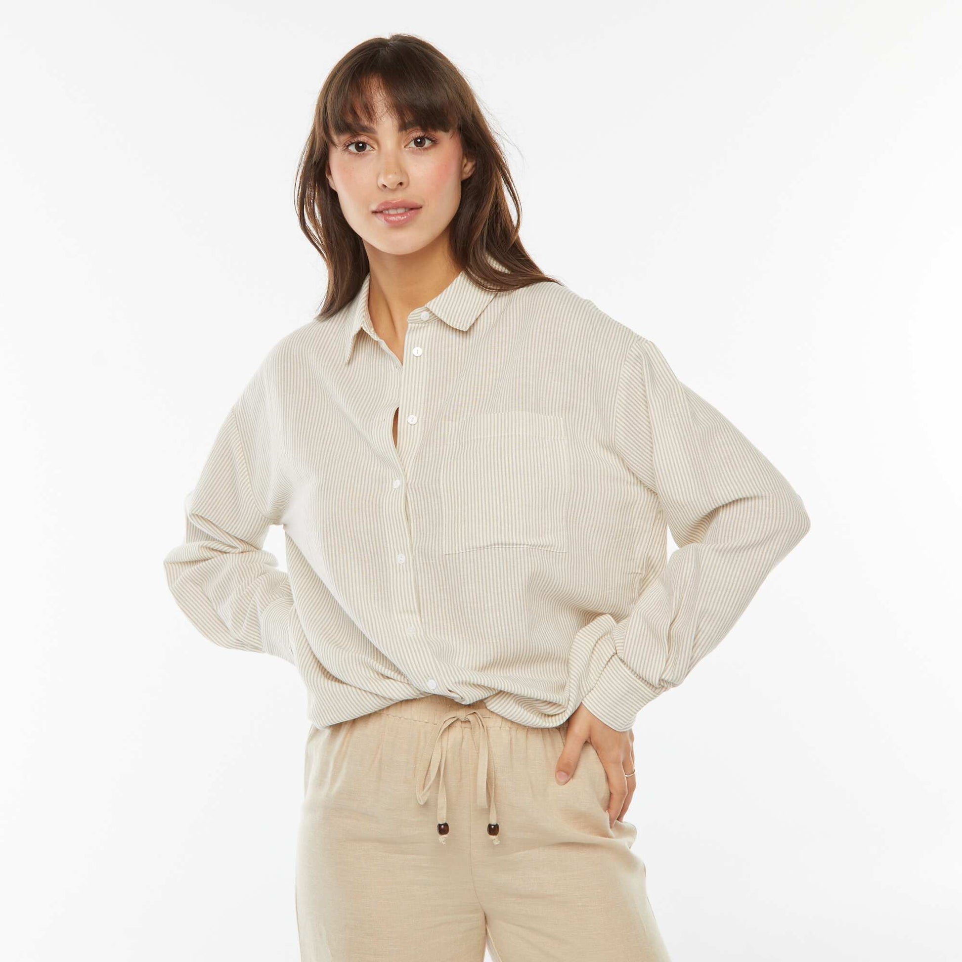 Chemise oversize en lin rayé BEIGE