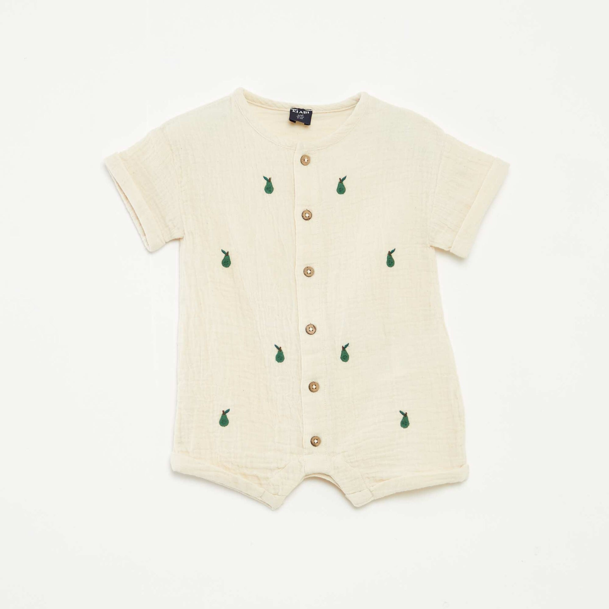 Barboteuse courte en gaze de coton avec broderies fantaisies BLANC
