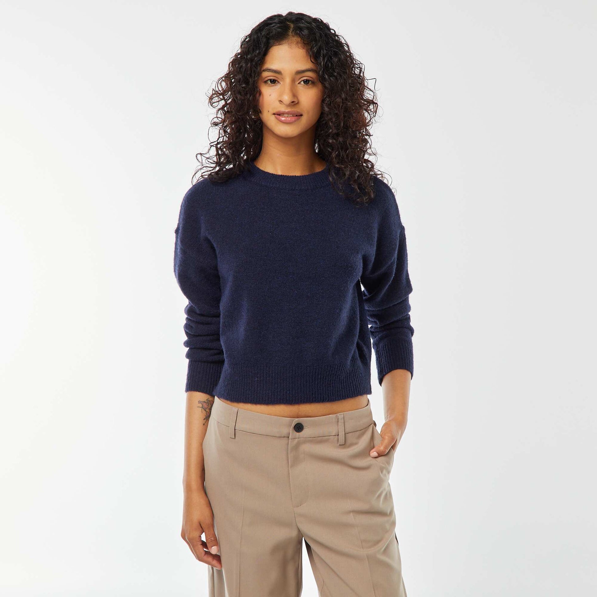 Pull crop top en maille douce BLEU MARINE
