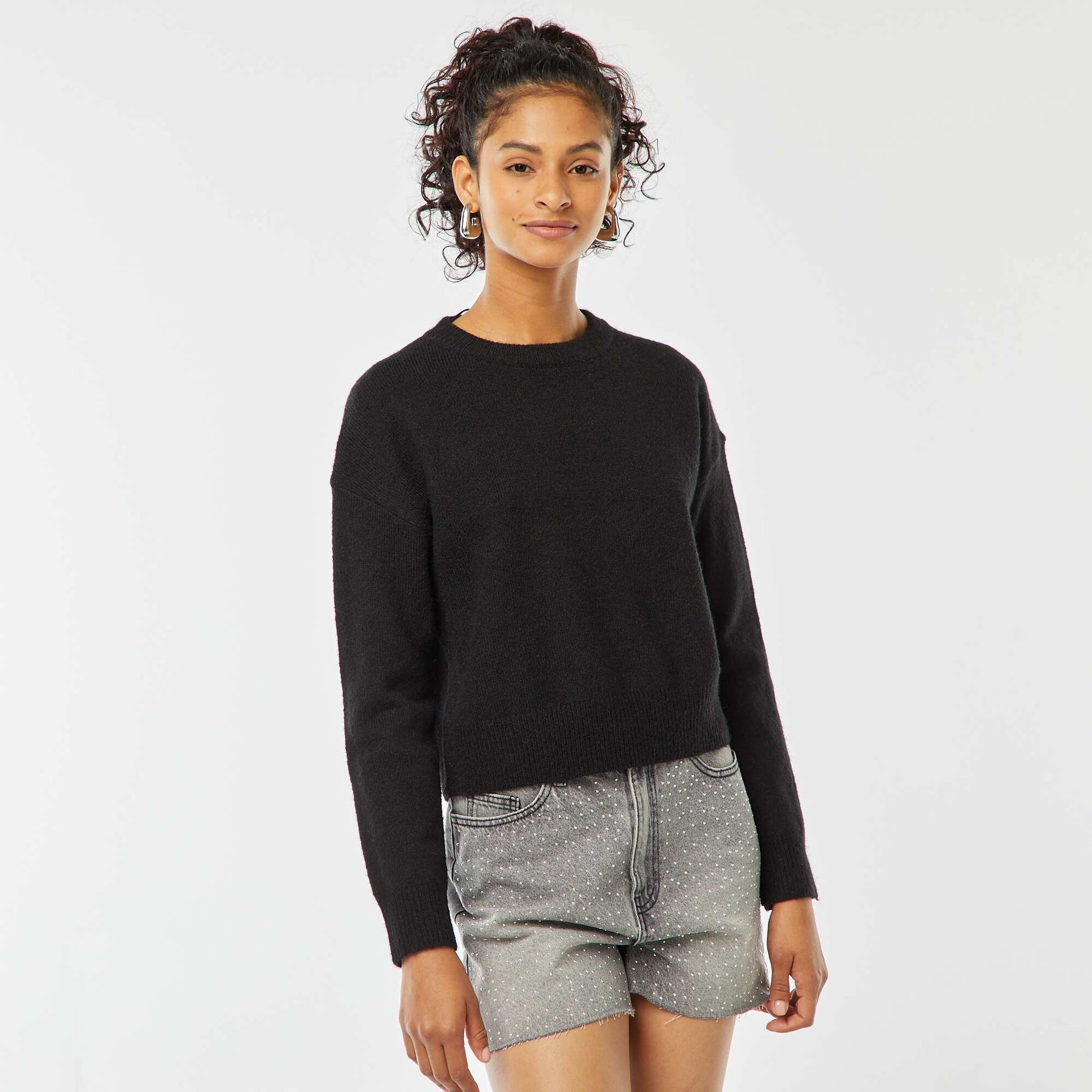 Pull crop top en maille douce NOIR
