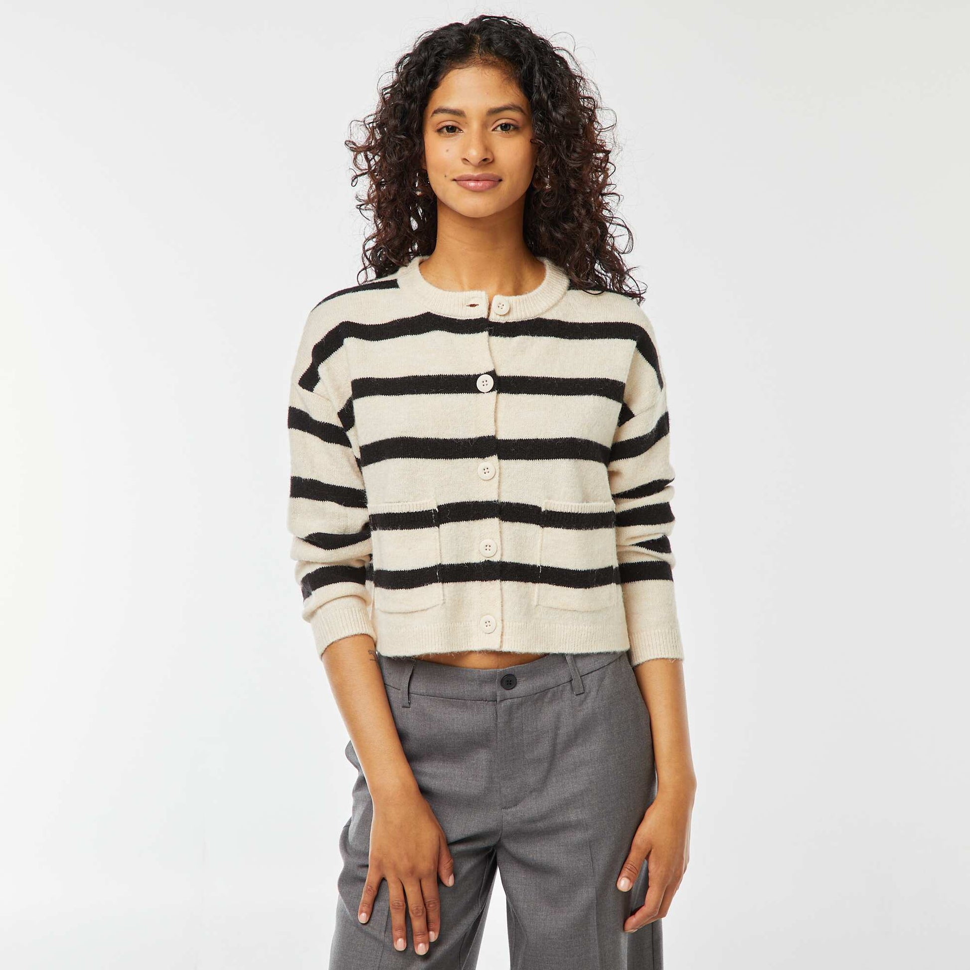 Gilet cropped en maille BLANC RAYé