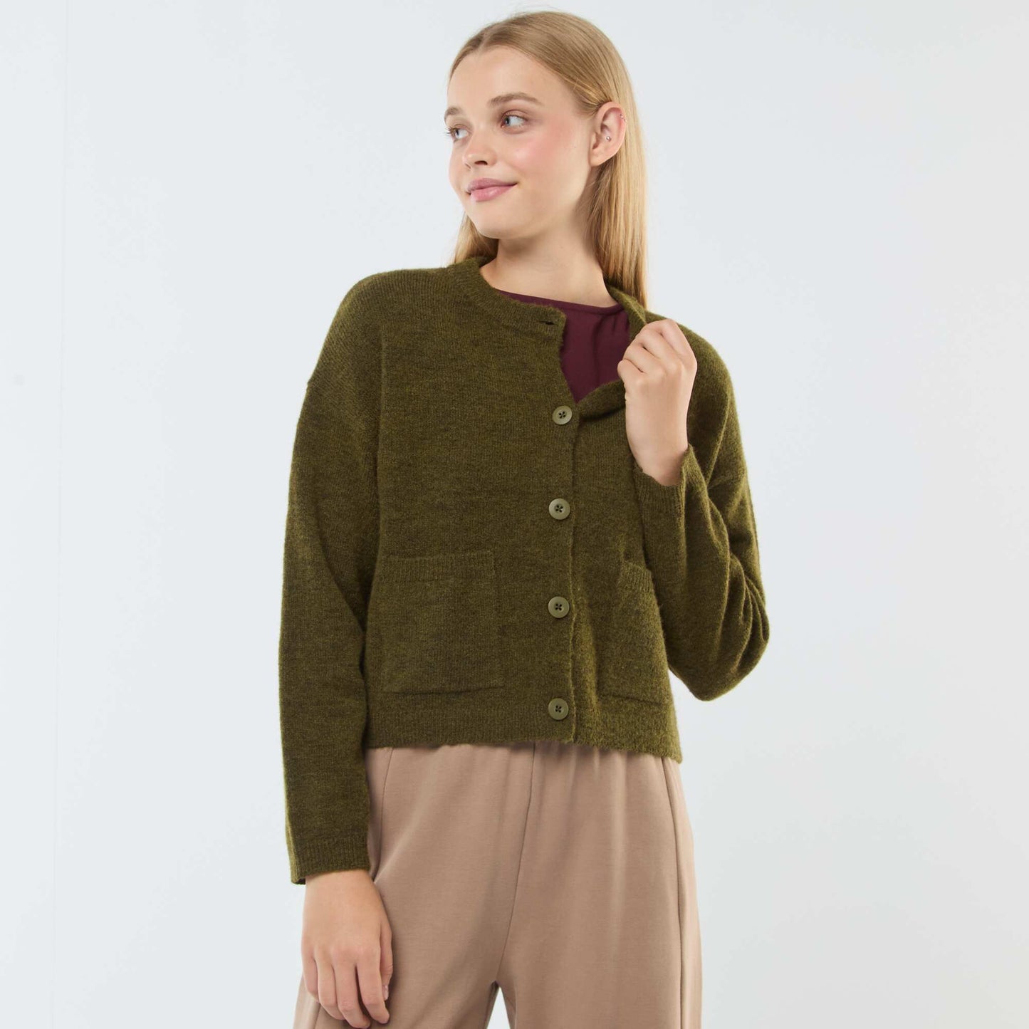 Gilet cropped en maille KAKI