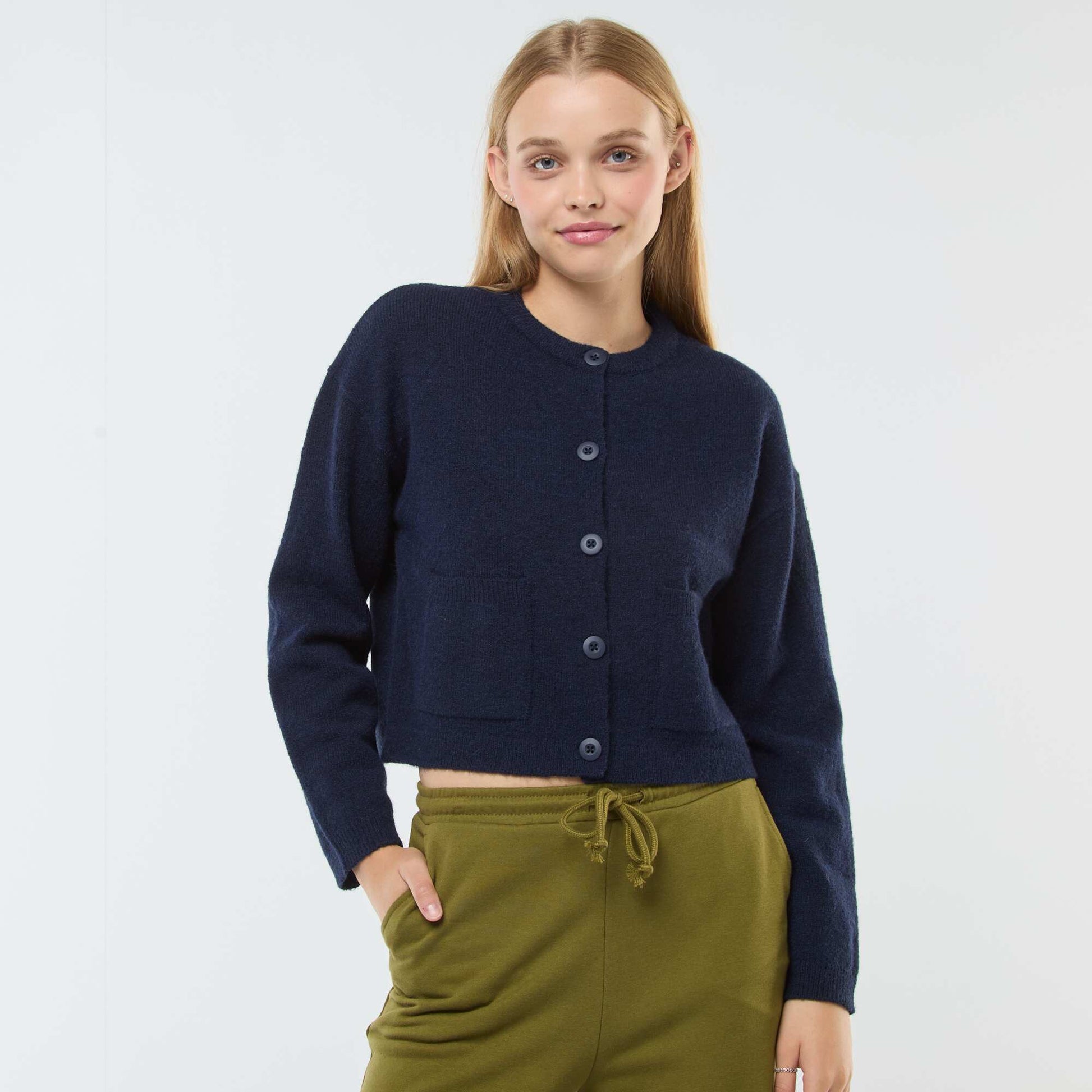 Gilet cropped en maille BLEU MARINE