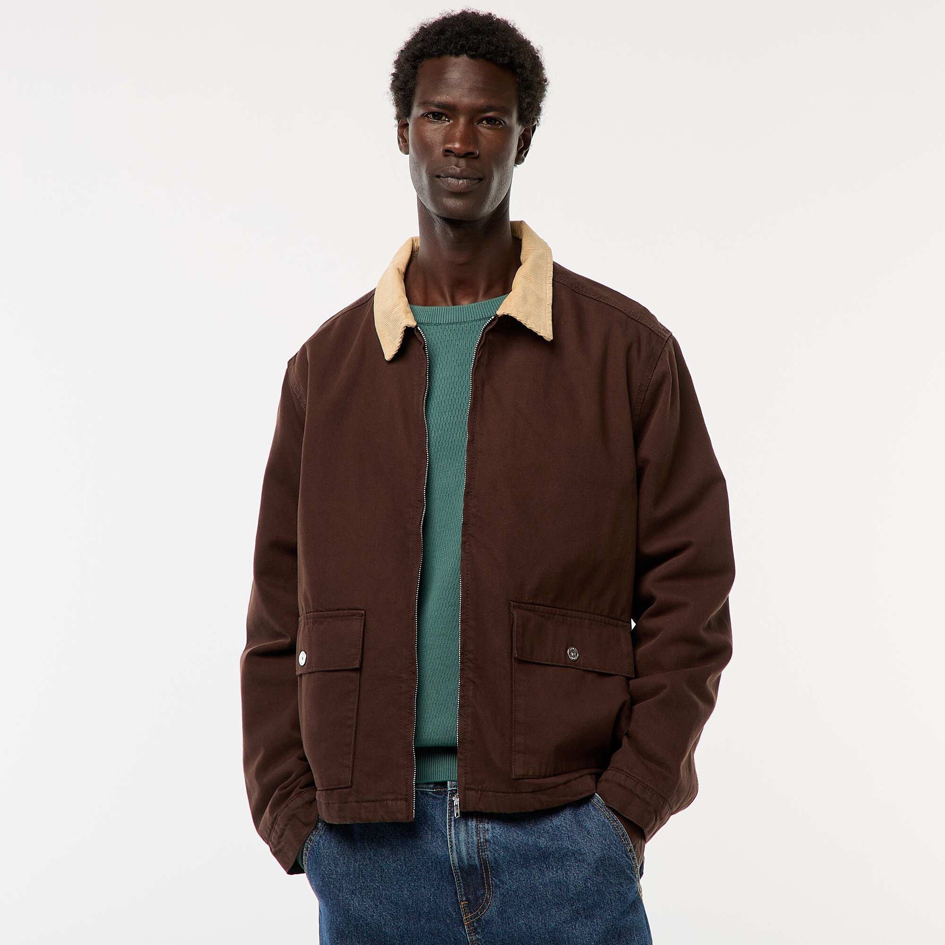 Veste en twill zippée avec col côtelé MARRON