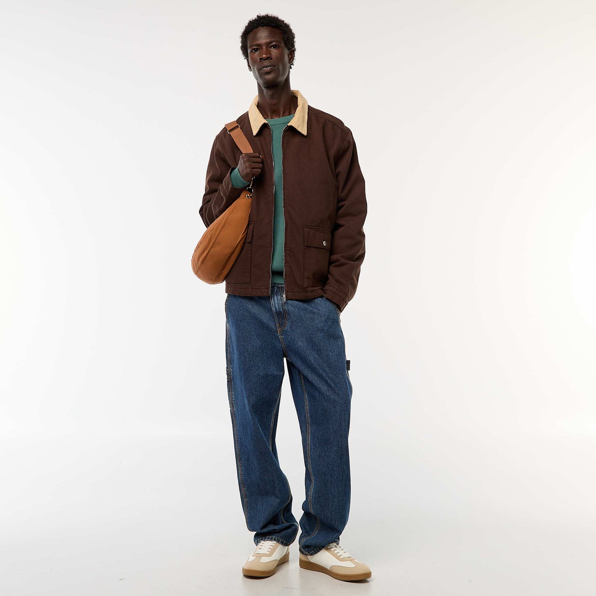Veste en twill zippée avec col côtelé MARRON