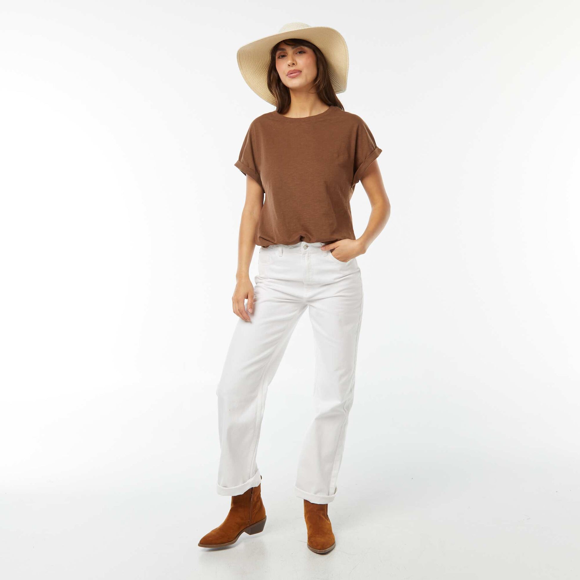Tee-shirt manches courtes retroussées MARRON