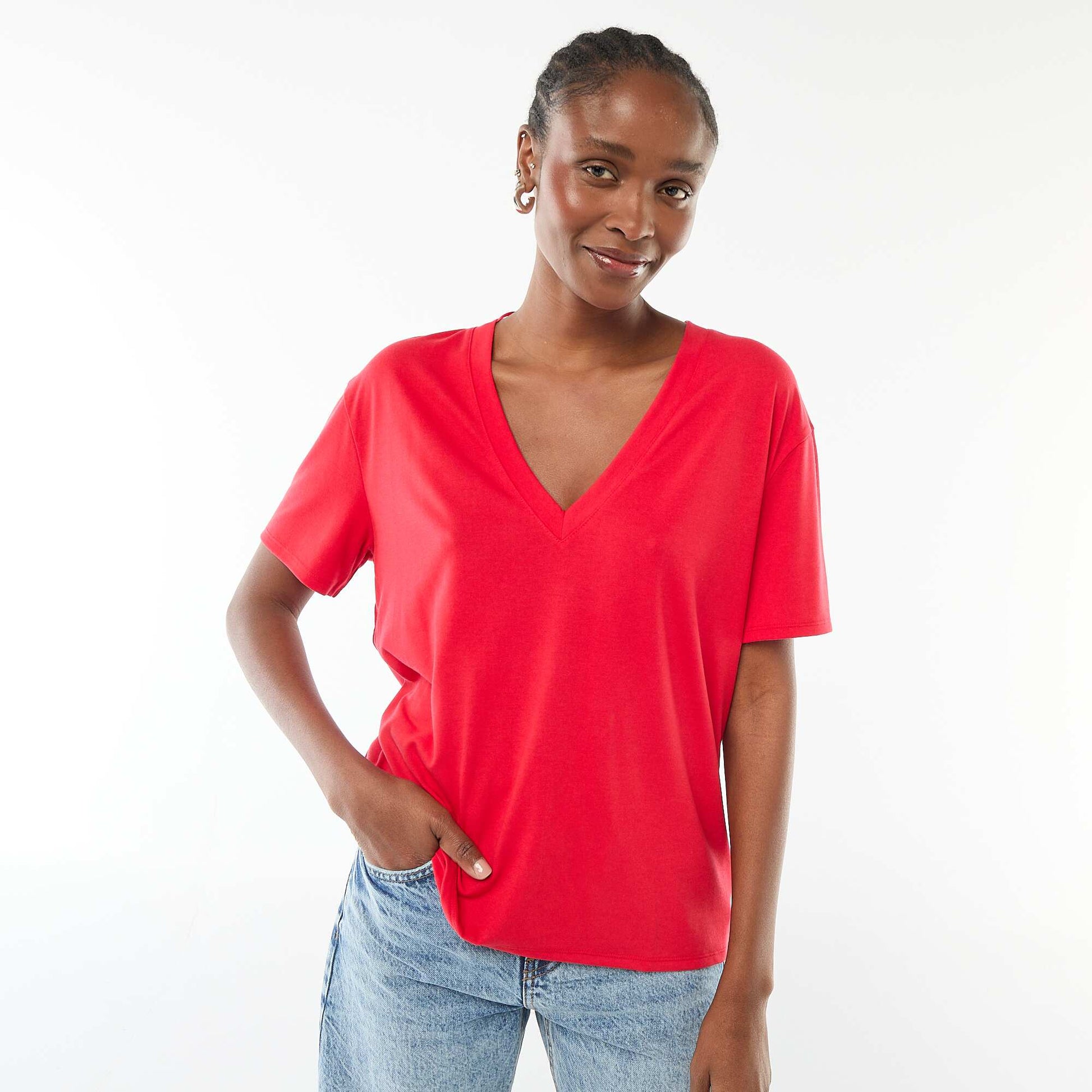 Tee-shirt manches courtes avec encolure en V ROUGE