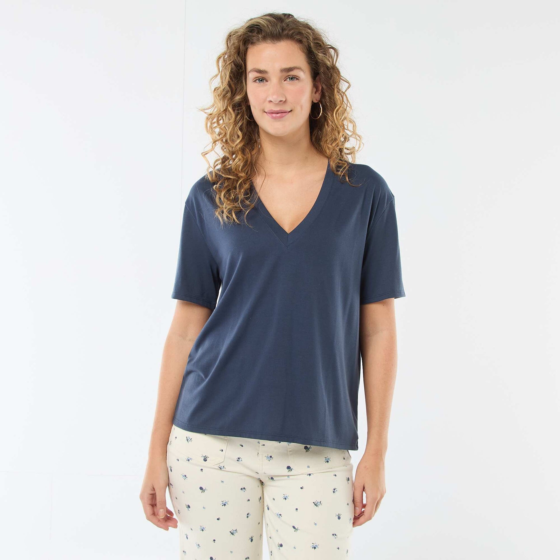 Tee-shirt manches courtes avec encolure en V BLEU