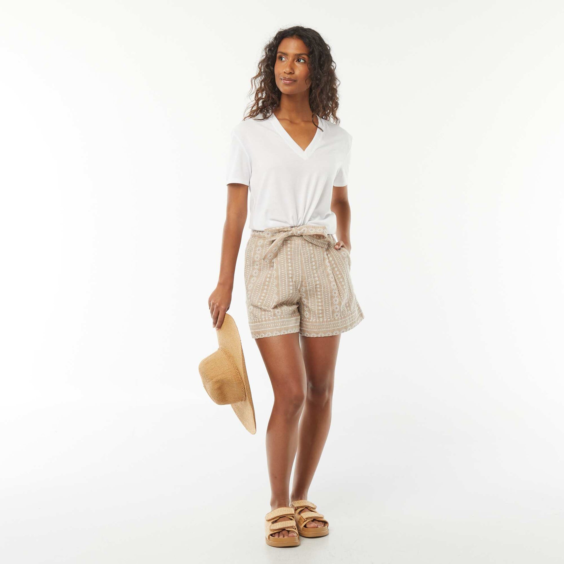 Tee-shirt manches courtes avec encolure en V BLANC