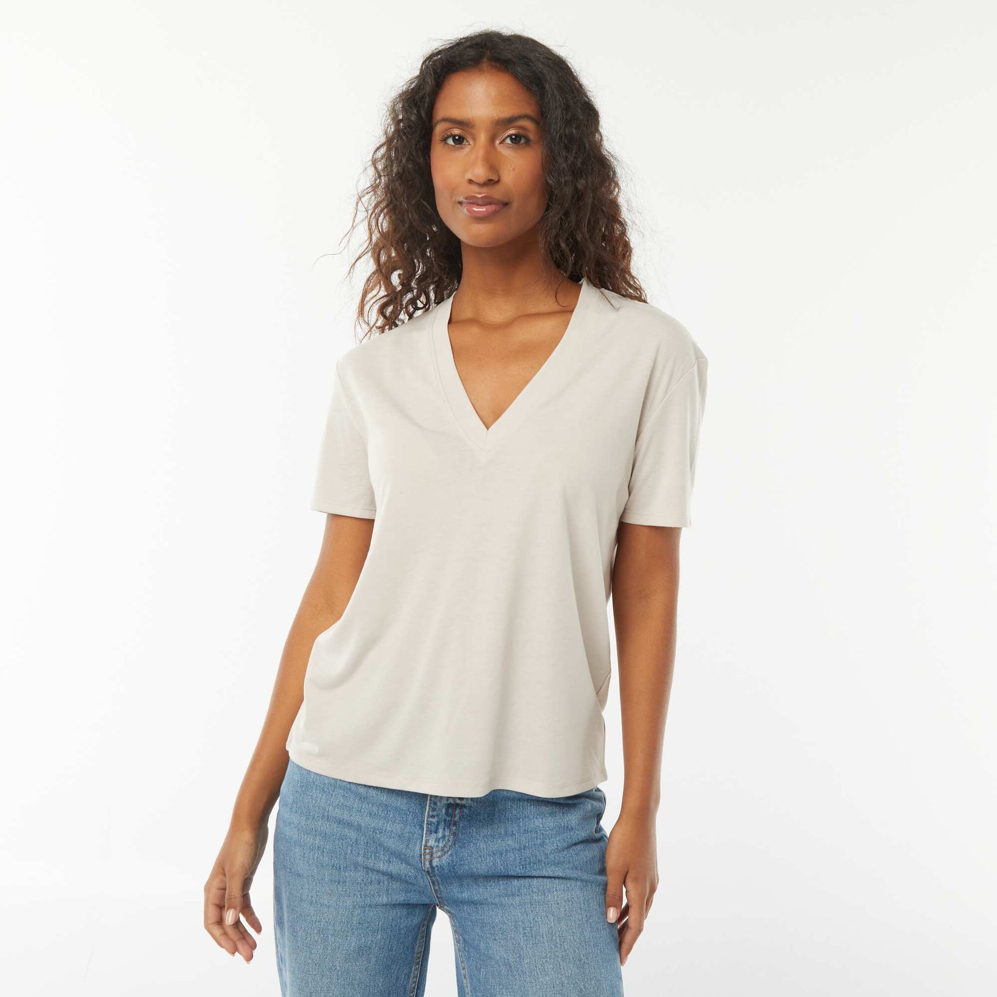 Tee-shirt manches courtes avec encolure en V BEIGE