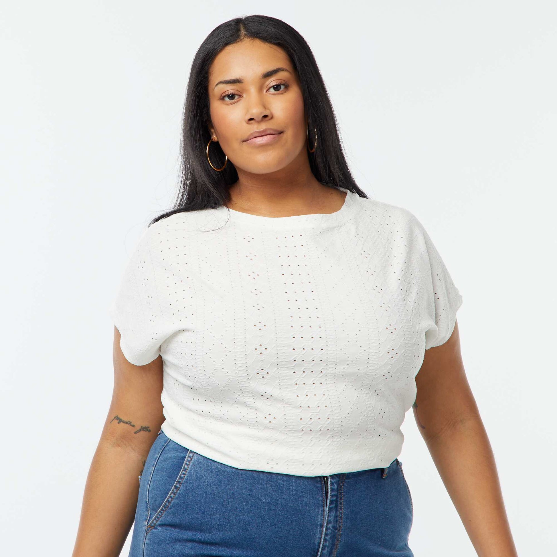 T-shirt en maille ajourée manches courtes BLANC