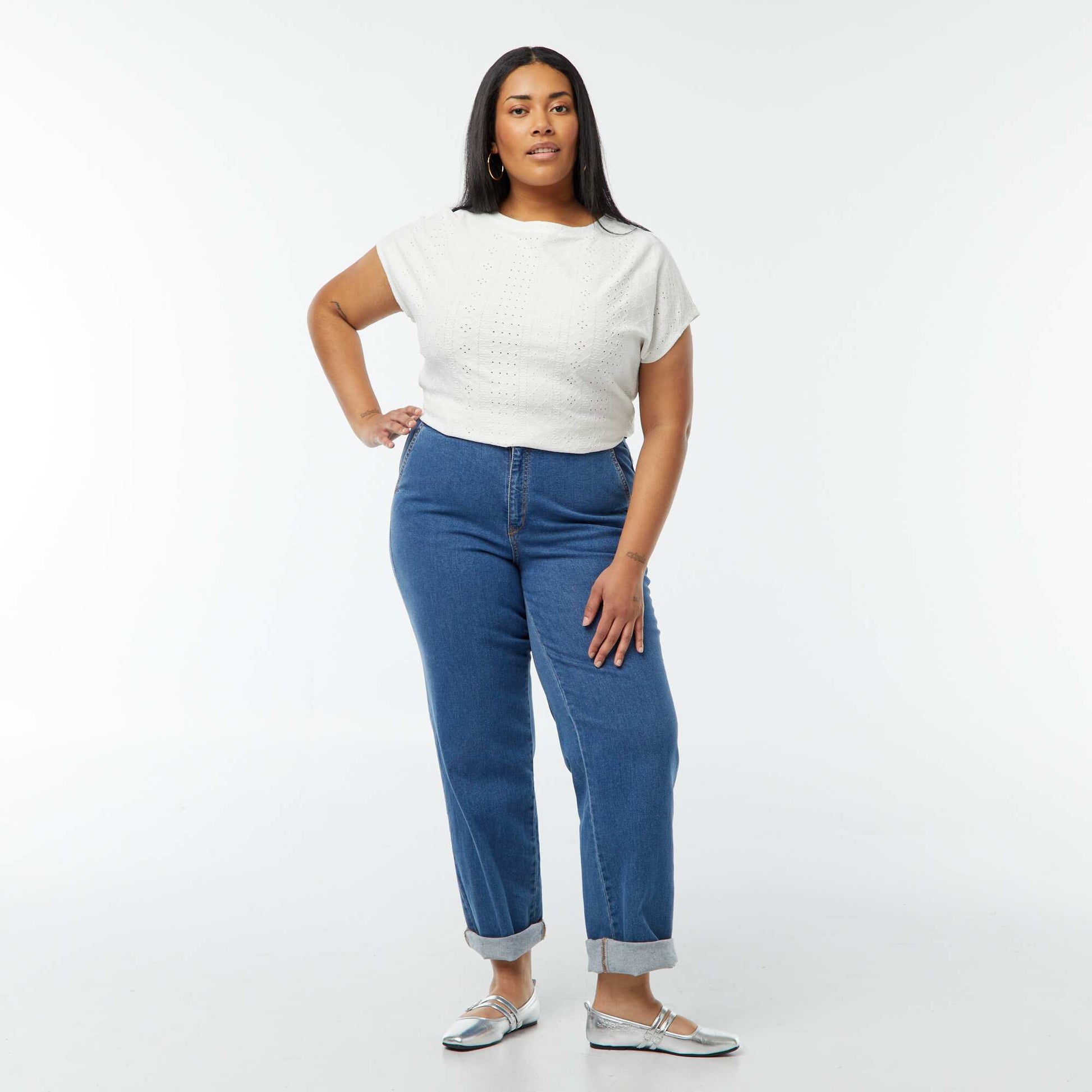 T-shirt en maille ajourée manches courtes BLANC