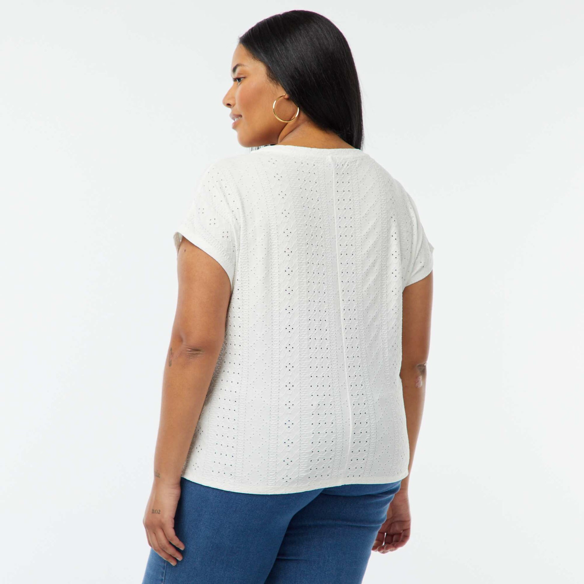 T-shirt en maille ajourée manches courtes BLANC