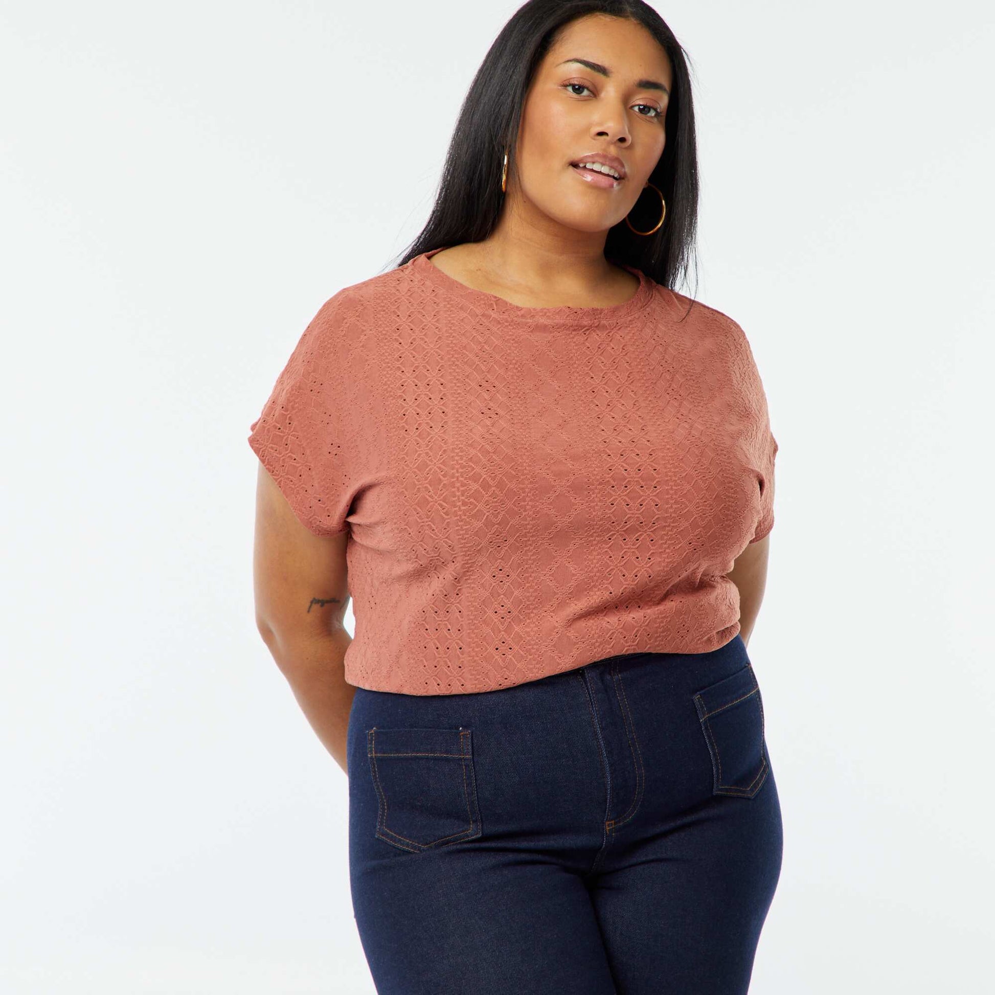 T-shirt en maille ajourée manches courtes ROSE