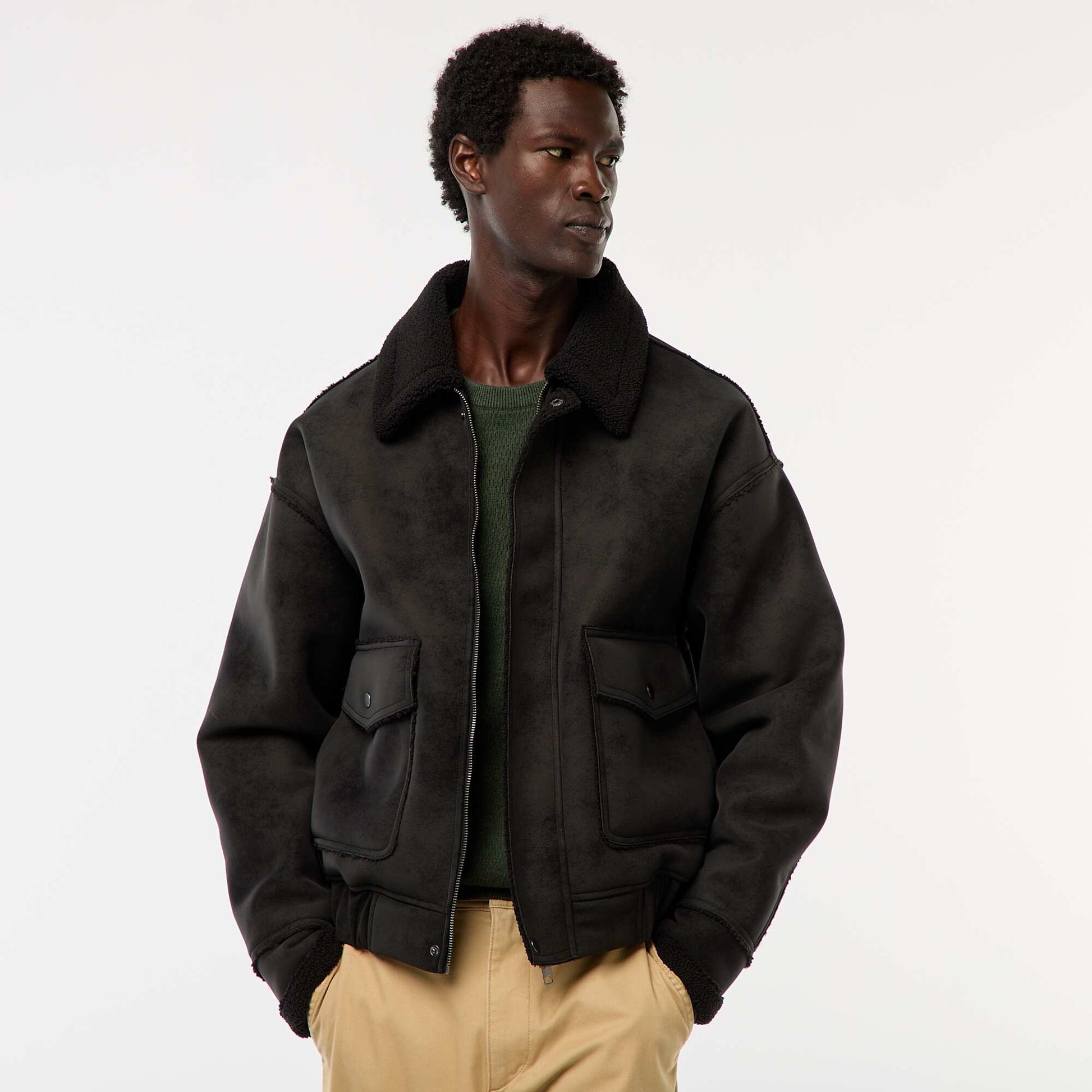 Blouson aviateur façon peau avec col effet moutonné NOIR