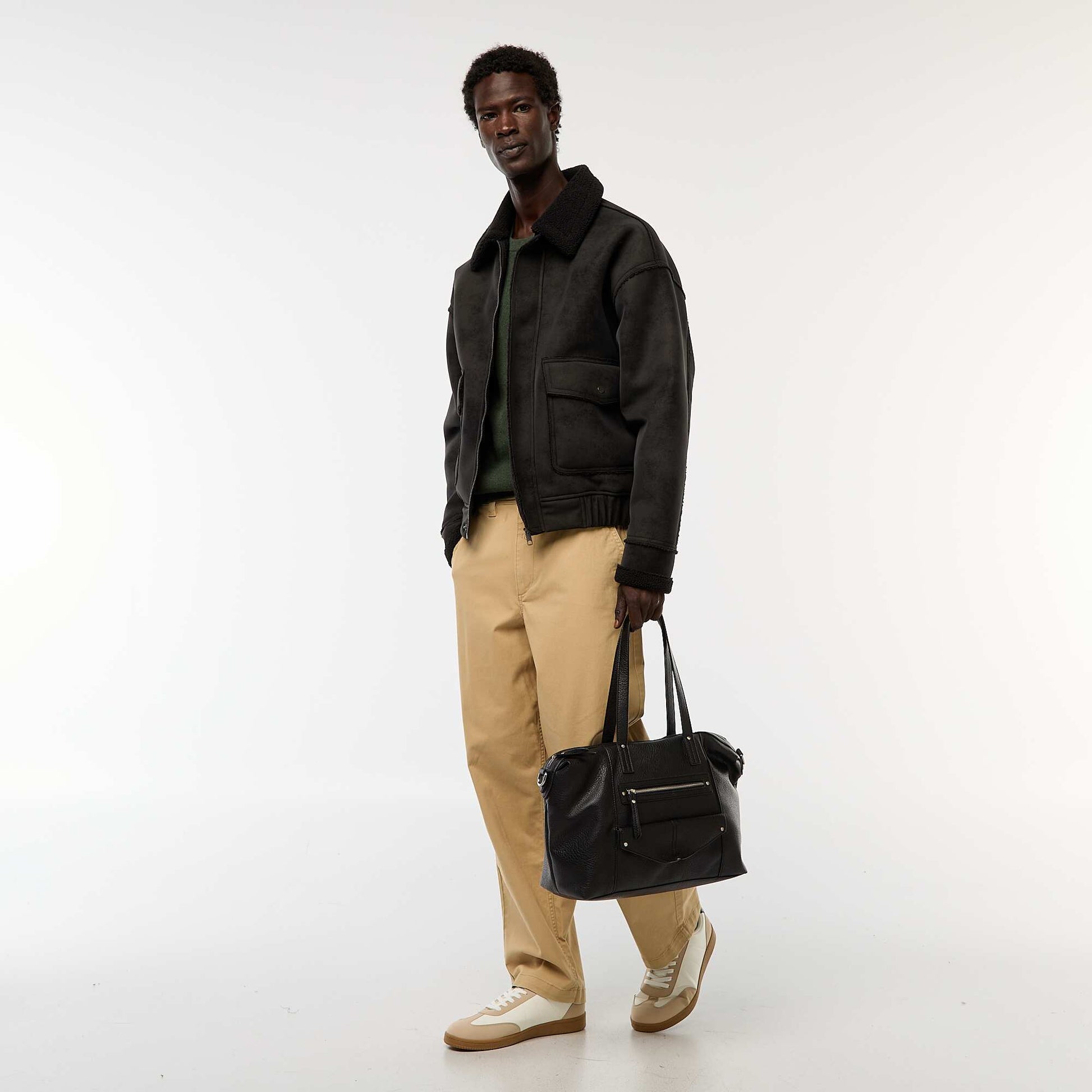 Blouson aviateur façon peau avec col effet moutonné NOIR