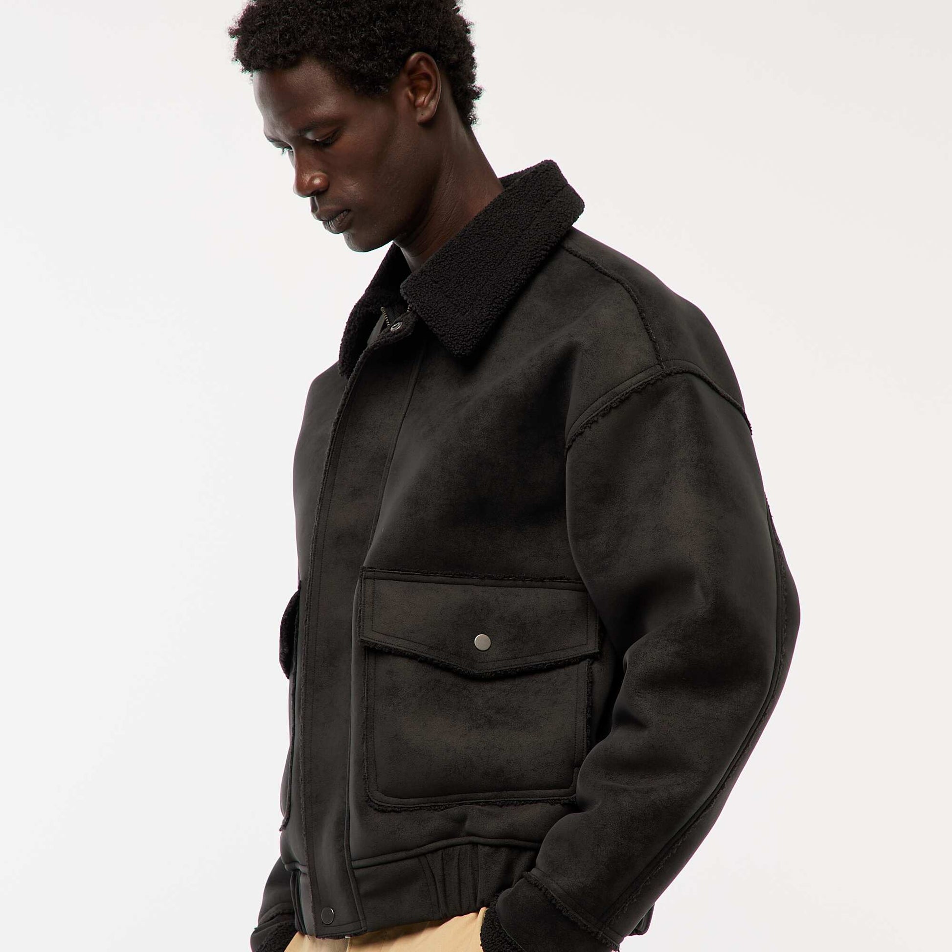 Blouson aviateur façon peau avec col effet moutonné NOIR