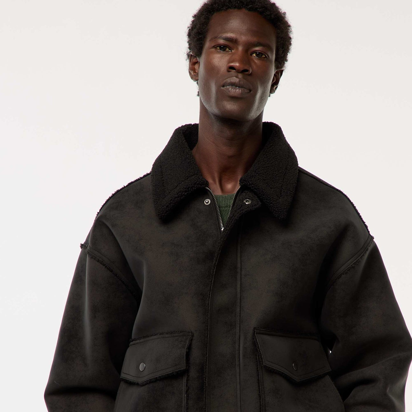 Blouson aviateur façon peau avec col effet moutonné NOIR