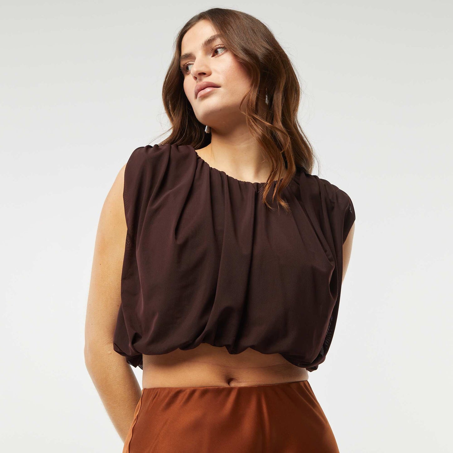 Top sans manches en voile plissé MARRON