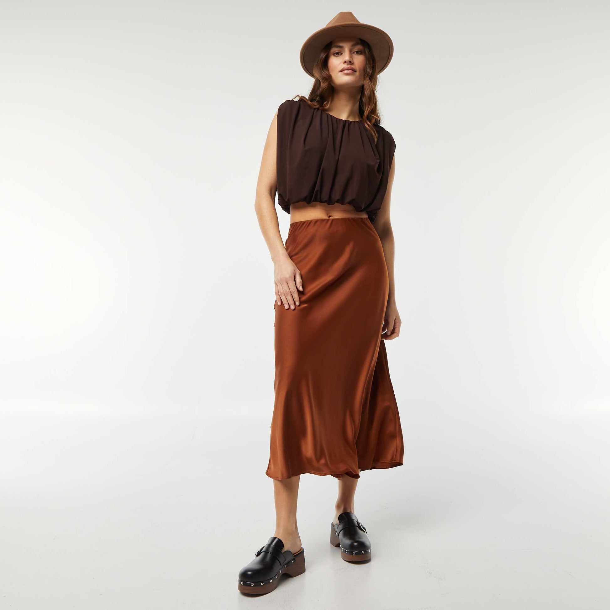 Top sans manches en voile plissé MARRON
