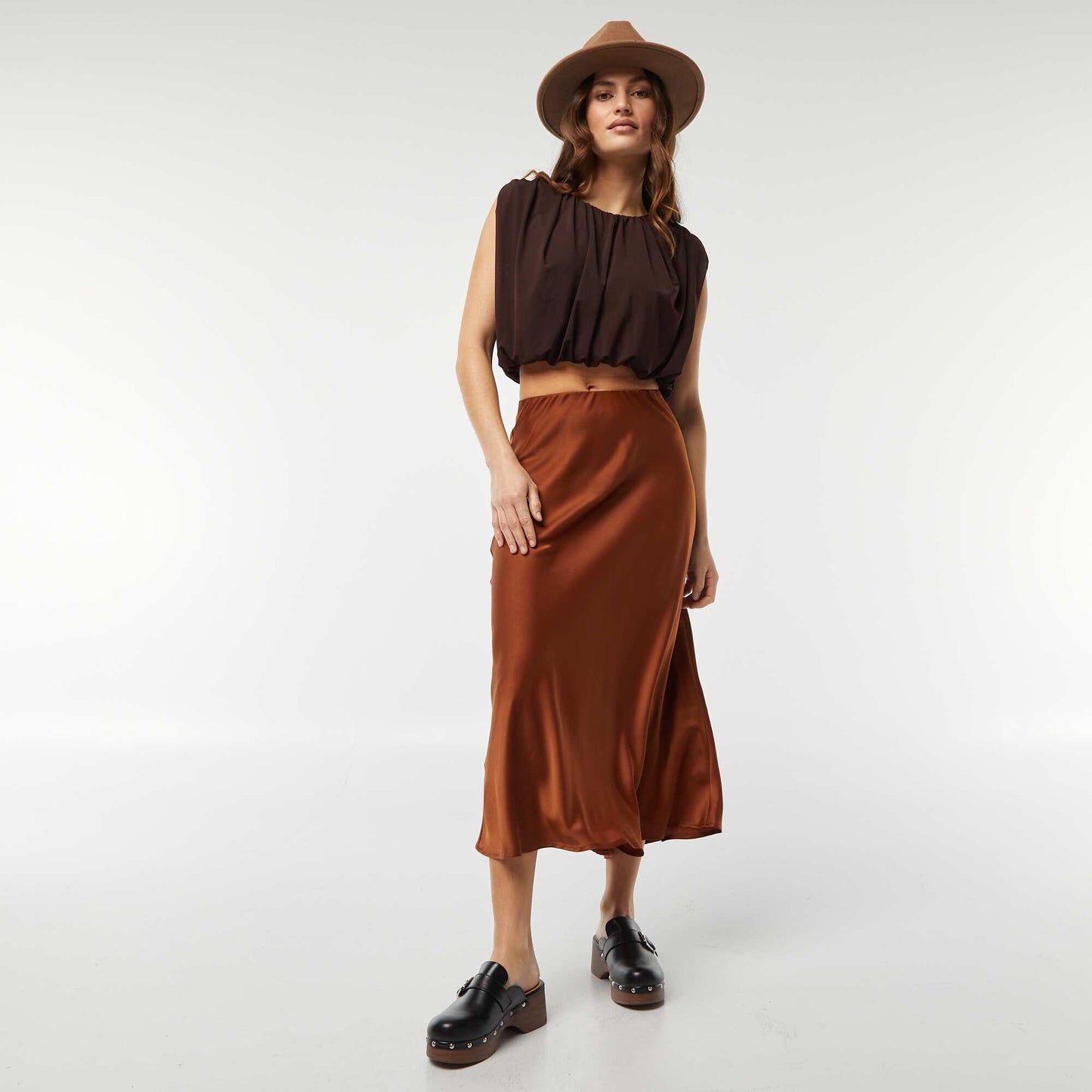 Top sans manches en voile plissé MARRON