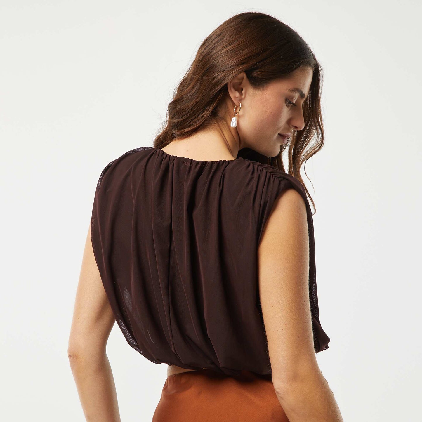 Top sans manches en voile plissé MARRON
