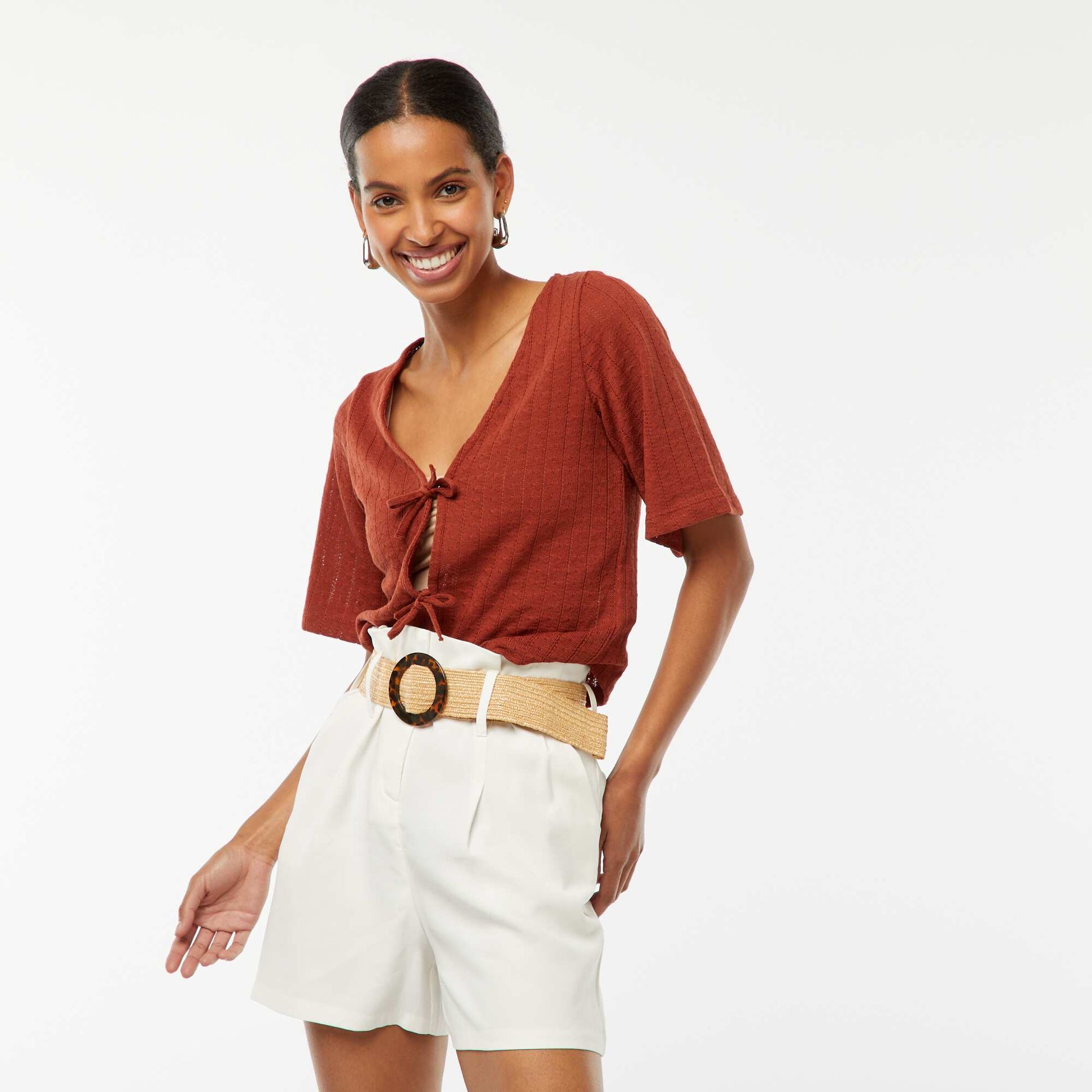 Tee-shirt cropped en maille pointelle ajourée TERRACOTTA