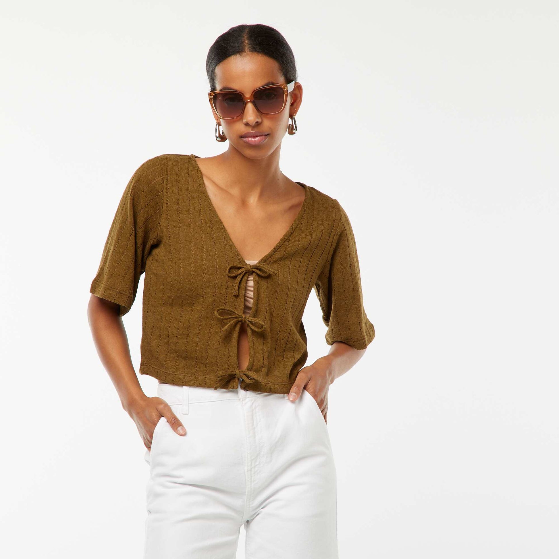 Tee-shirt cropped en maille pointelle ajourée KAKI