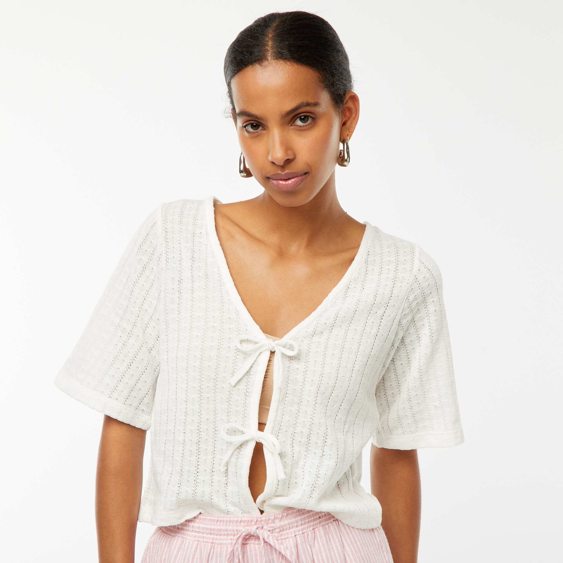 Tee-shirt cropped en maille pointelle ajourée BEIGE