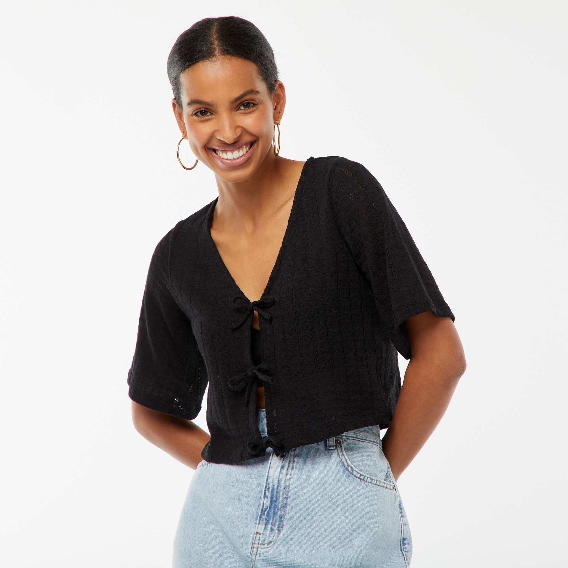 Tee-shirt cropped en maille pointelle ajourée NOIR
