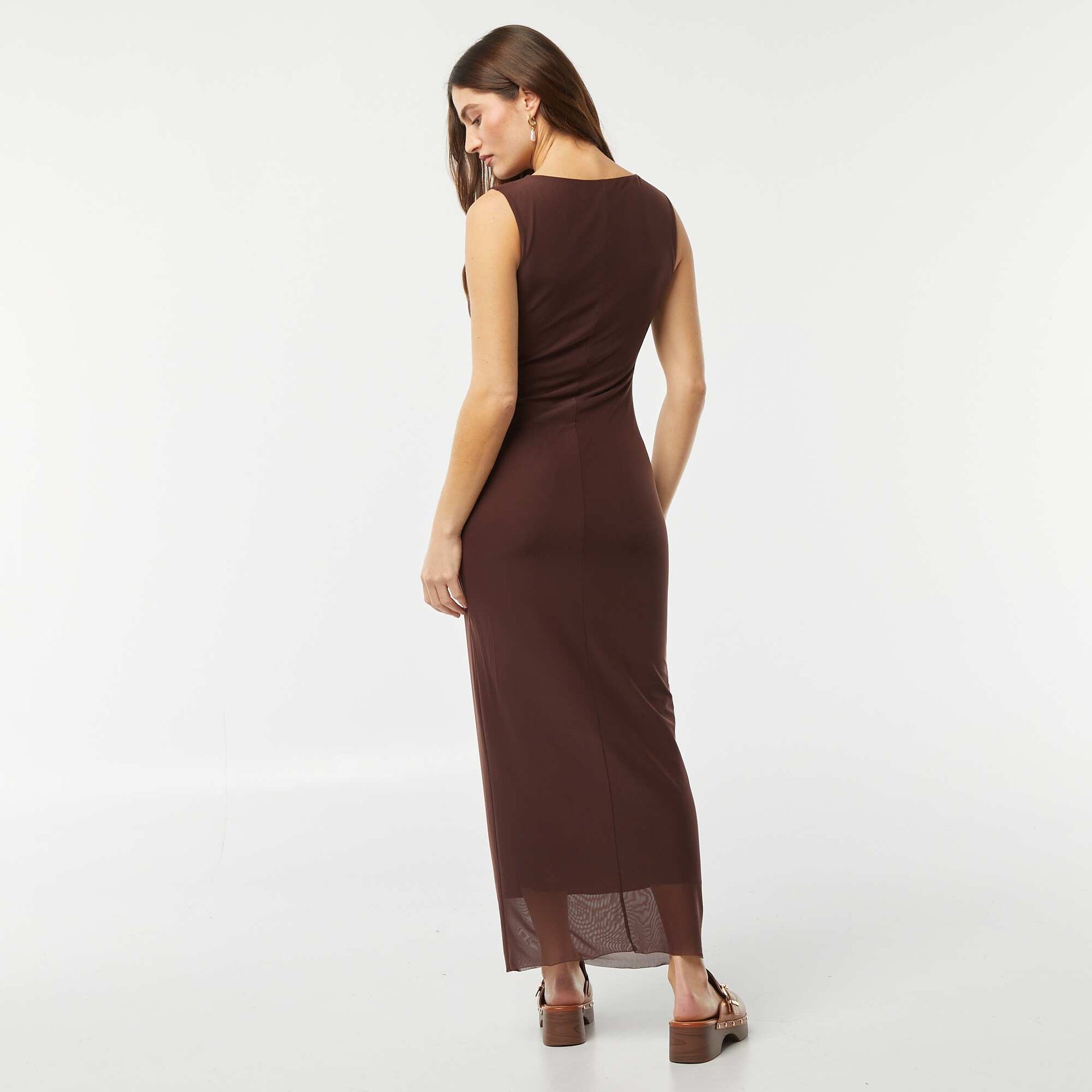 Robe longue en mesh drapée MARRON