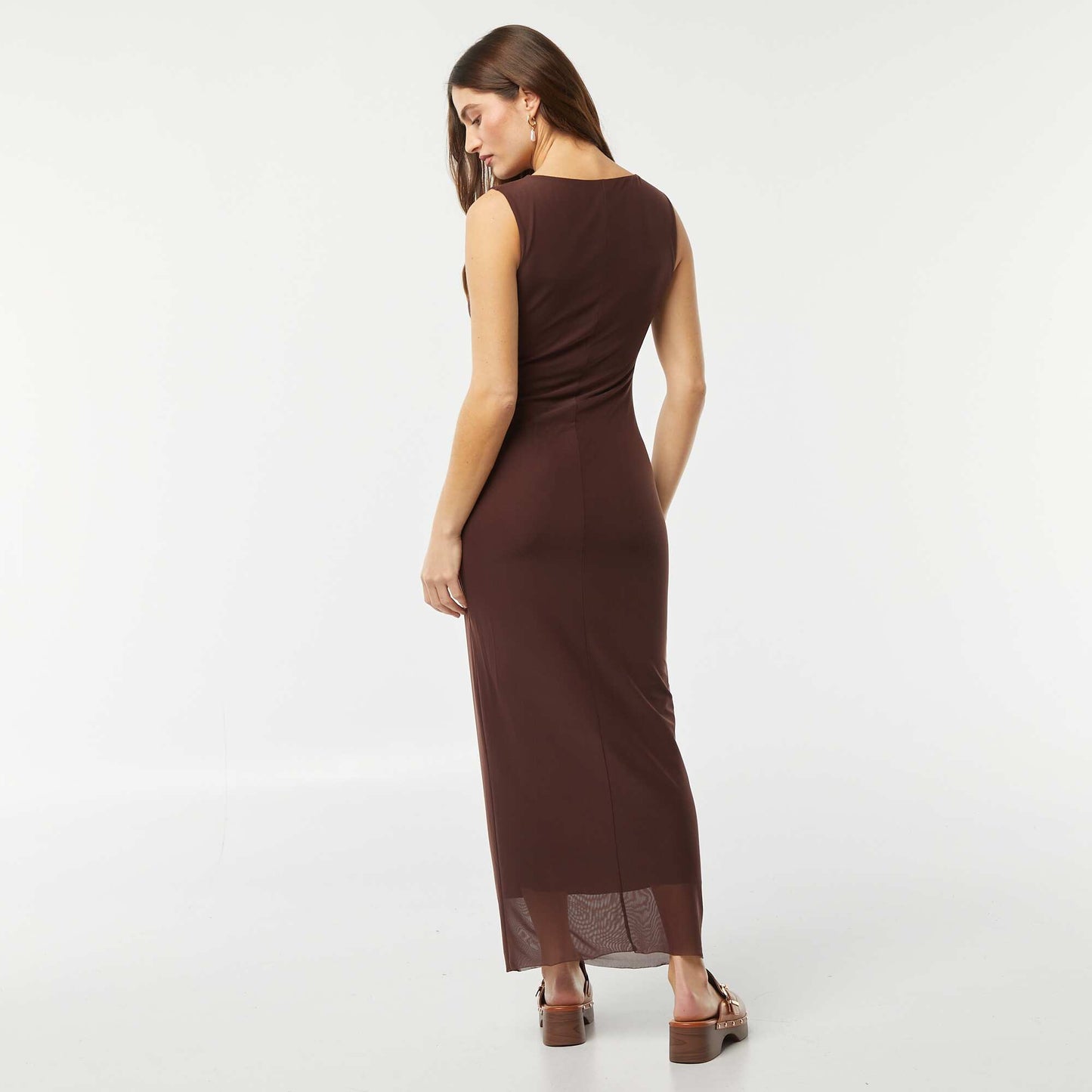 Robe longue en mesh drapée MARRON