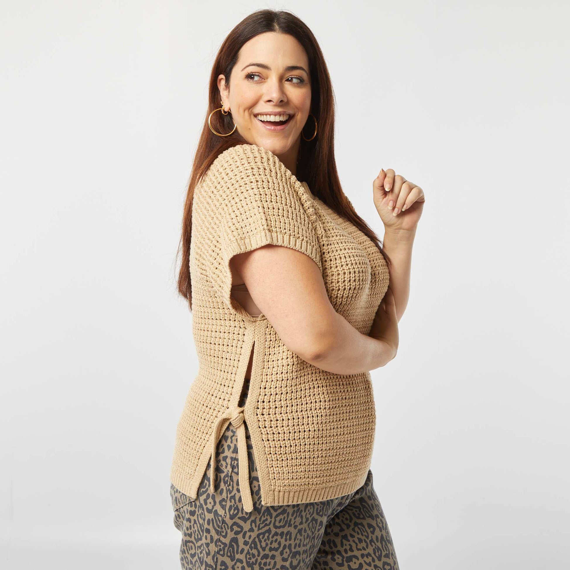 Pull manches courtes en maille large BEIGE