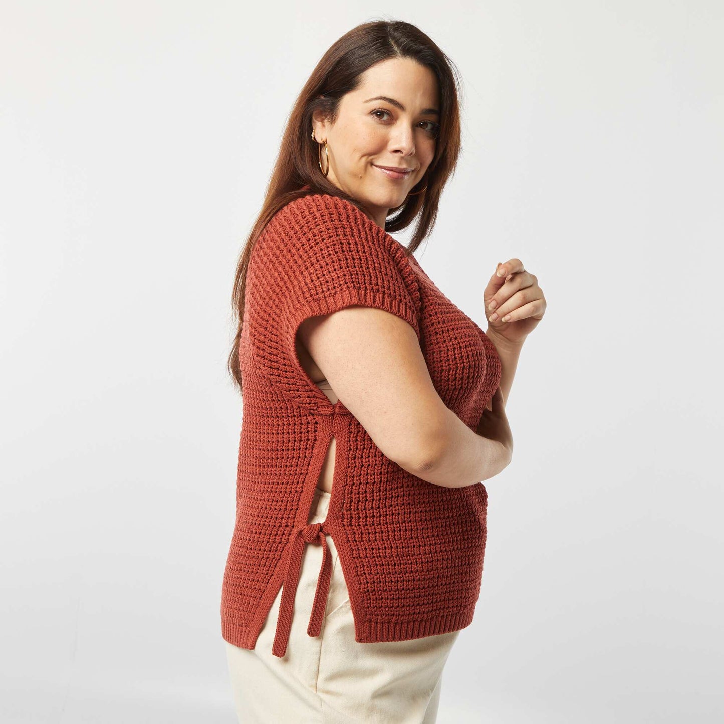 Pull manches courtes en maille large ROUGE BRIQUE